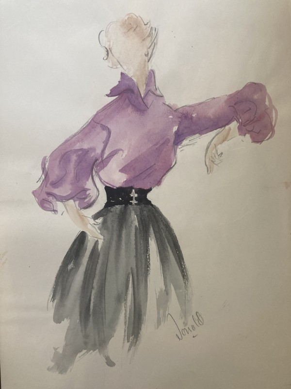 unframed 1940's original fashion watercolor with Purple top