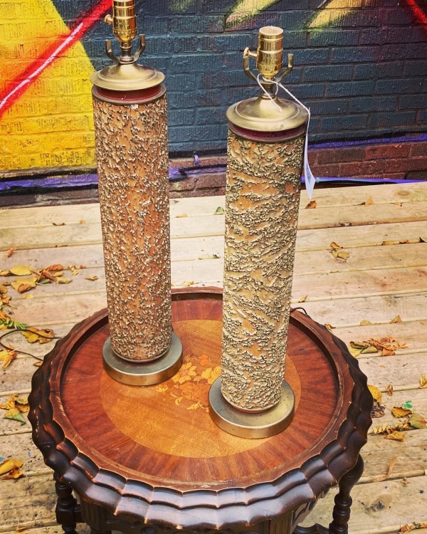 Pair of vintage wallpaper roll lamps