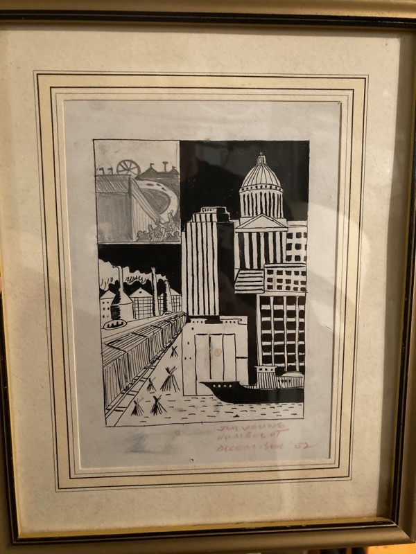 Framed ink drawing by James Quentin Young of Capital