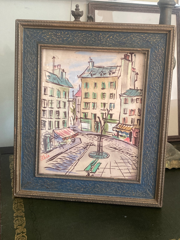 original watercolor of Paris courtyard on silk