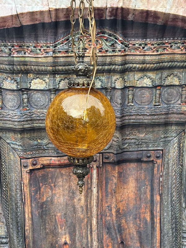 Hanging amber crackle glass pendant light