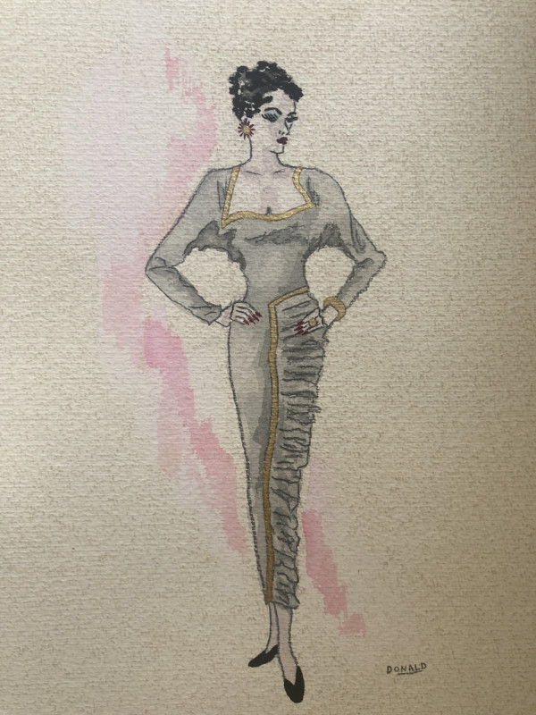 Framed1940's original fashion watercolor with long Grey gown