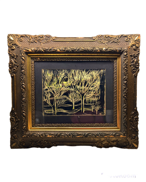 Framed Alan Caine woodblock of trees