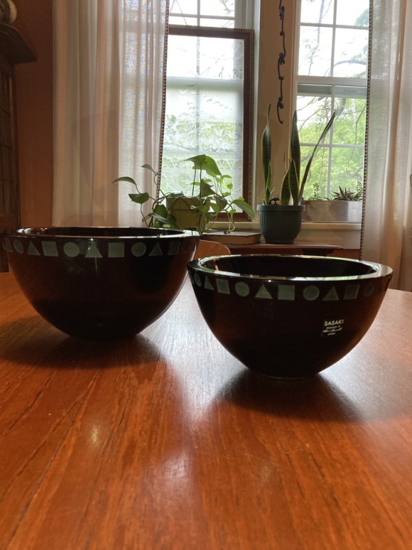 small Vintage Sasaki Black glass bowl with geometric shapes