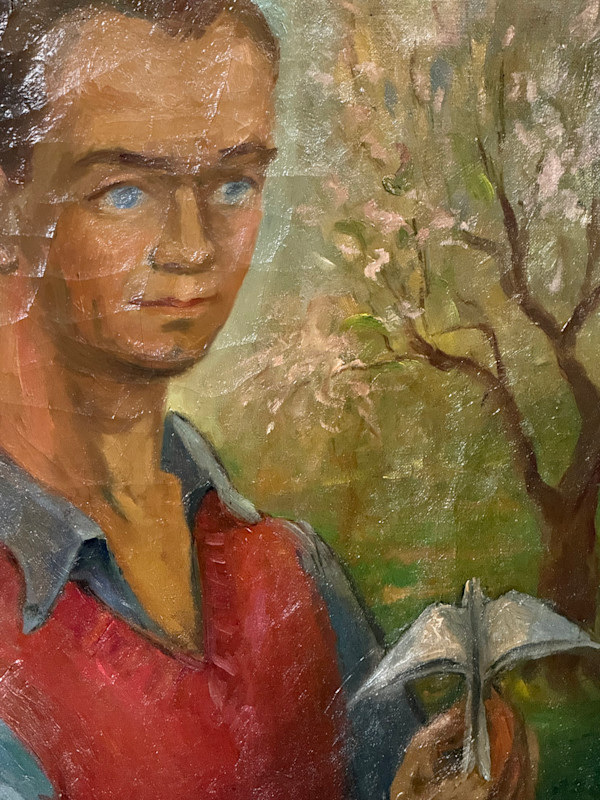 Original oil painting of boy with paper bird