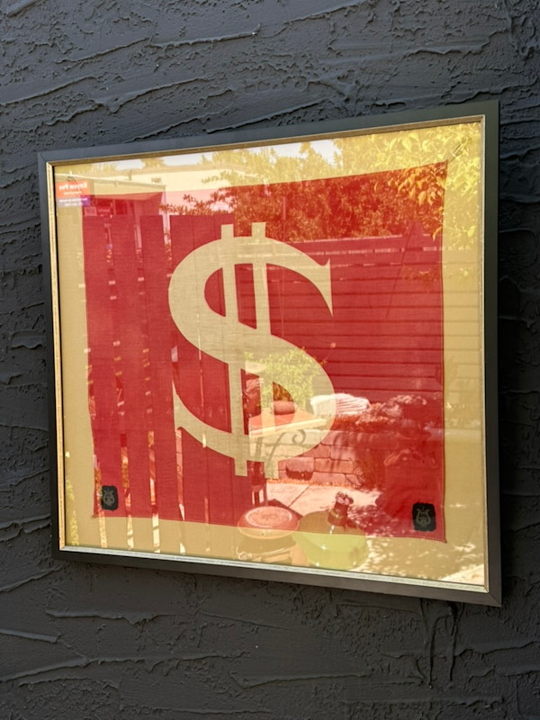 Framed folk dollar sign linen flag, Image 1.