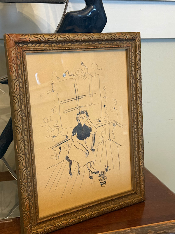 Original ink drawing of woman and plants