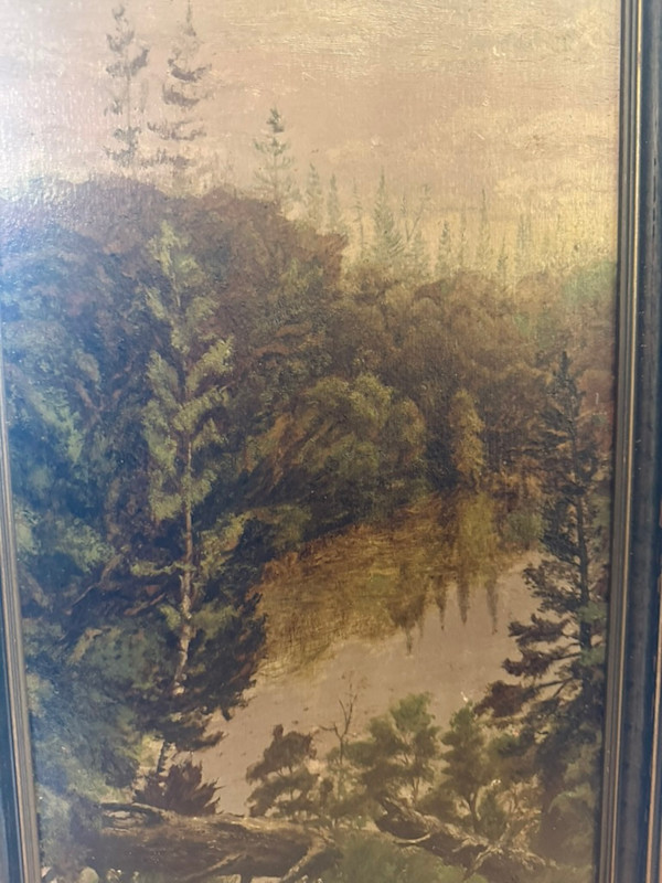 vertical victorian era landscape painting Big Elk River Wisconsin dated 1909