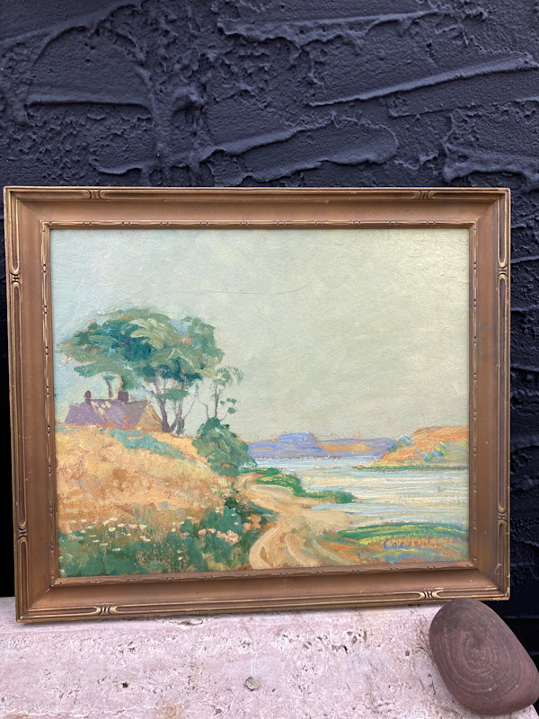 Carl G. T. Olson original painting on board  cabin on hill near river  #73