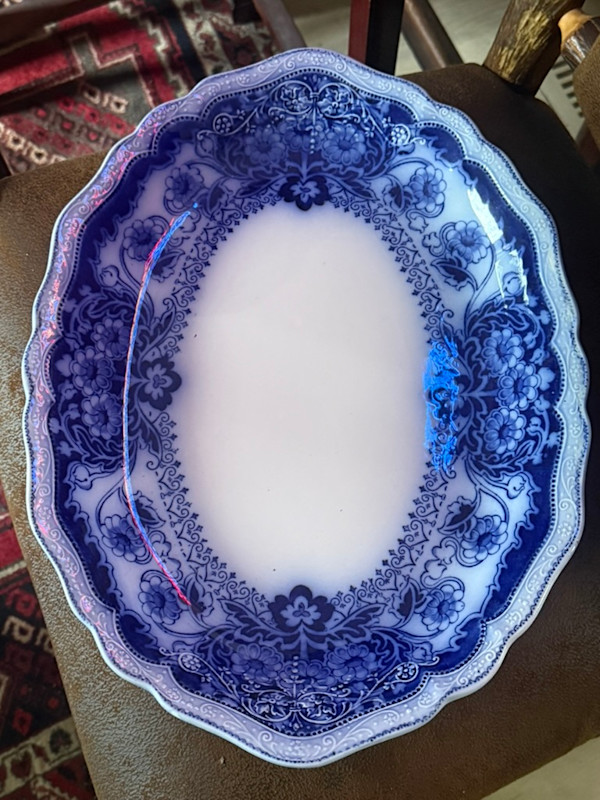 16" oval blue and white transfer ware platter