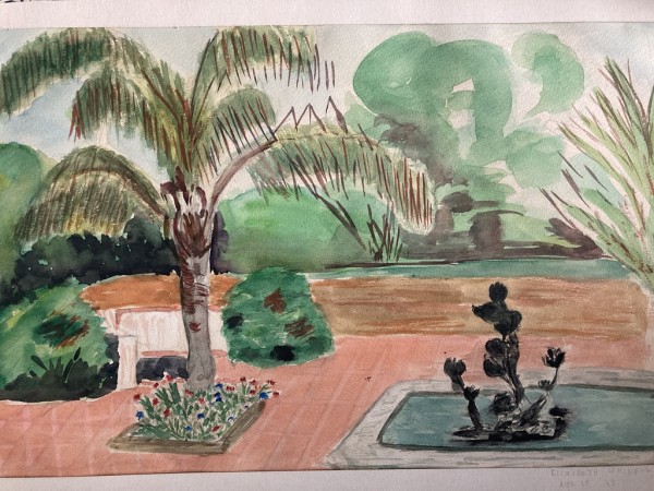vintage unframed watercolor with palm trees and cactus