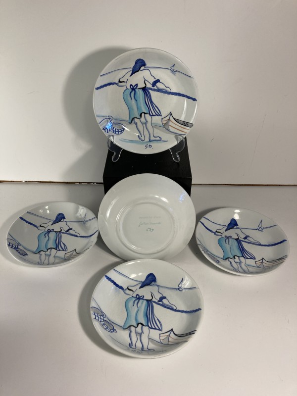 Set of 8" Italian hand painted fishing motif bowls