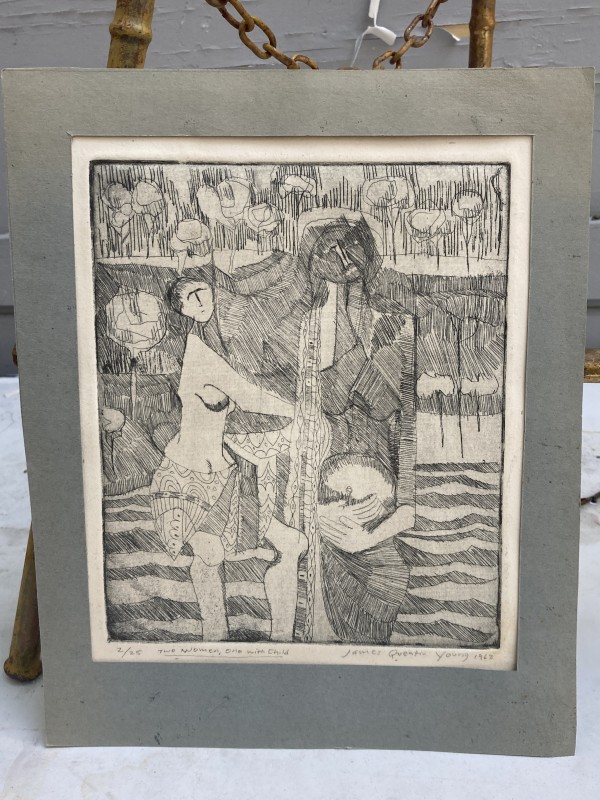 James Quentin Young Etching "Two Women One Child"