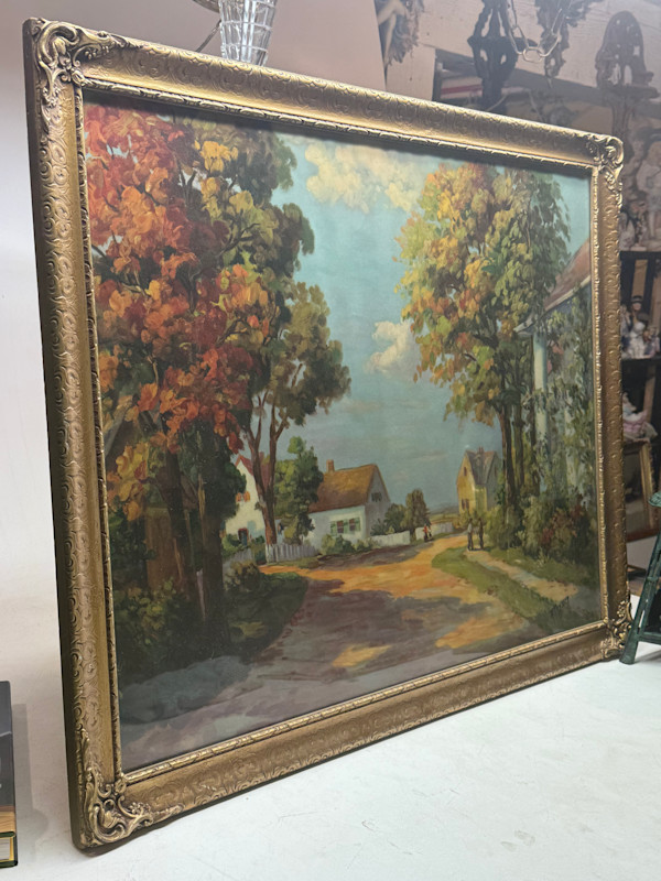 Large framed vintage lithograph of homes and street