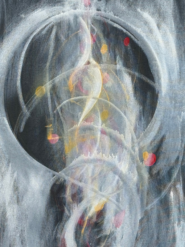 Abstract painting black background with white circle silhouettes