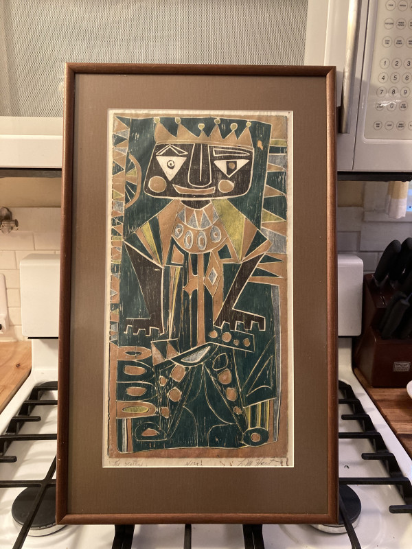Framed signed woodblock "The Jester" L. M. Hart
