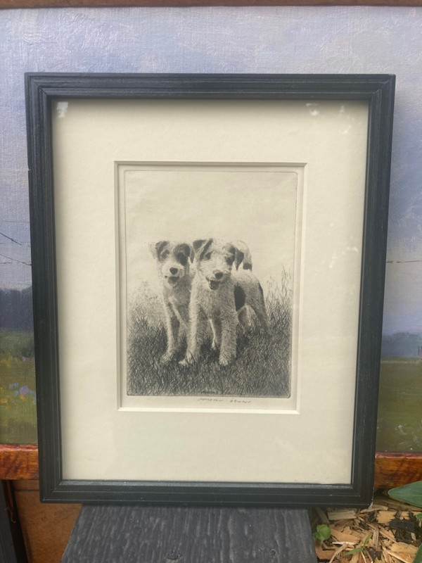 framed etching of airdales