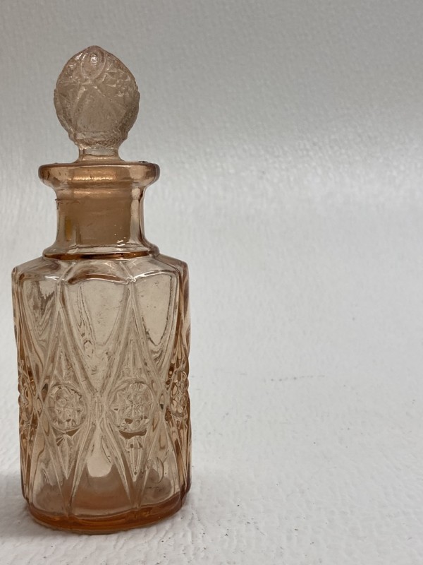 Art Deco pink pressed glass perfume bottle small