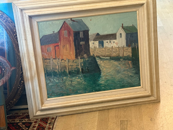 Carl G.T. Olson original painting on board harbor view with red building #8, Image 1.