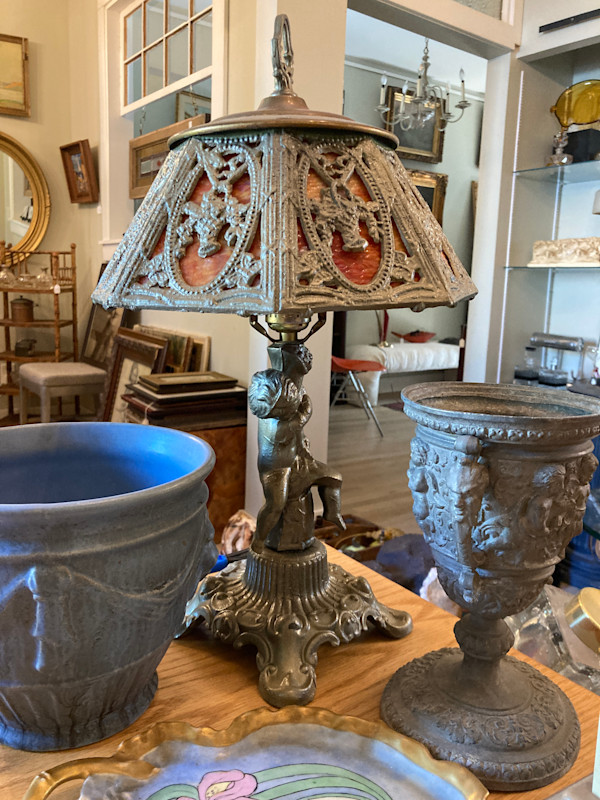 Cherub lamp with stained glass shade