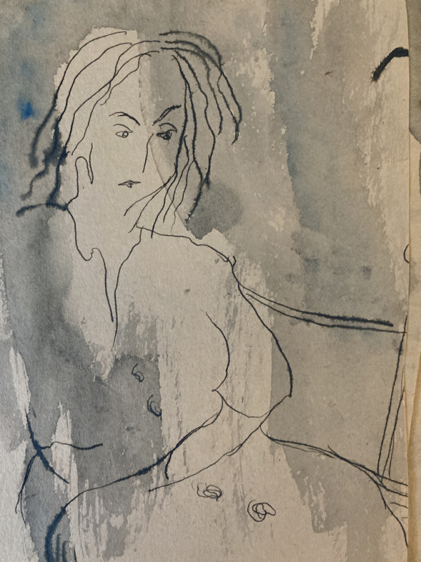 Original watercolor of seated woman