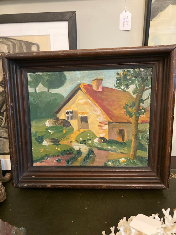vintage painting on board of cottage