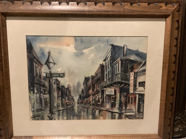 Framed watercolor of street scene