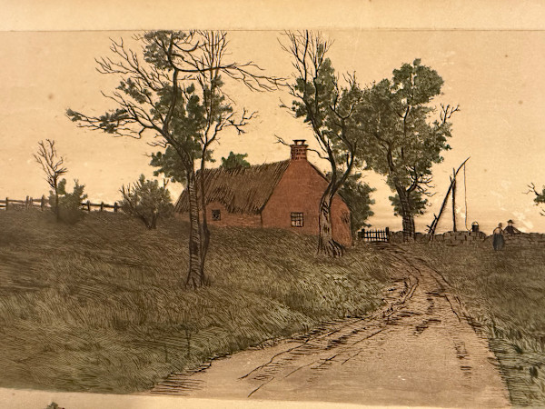 framed hand colored engraved landscape "The Oaken Bucket"