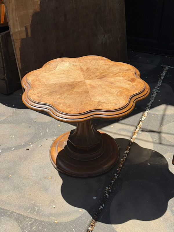 Scalloped edged burled wood side table