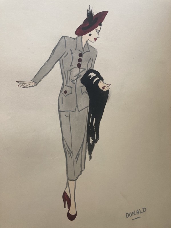 Original 1940's fashion watercolor with grey dress