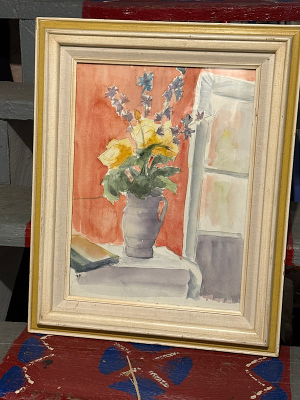 Original watercolor of still-life with flowers and coral background