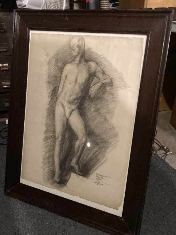 Framed pencil sketch drawing of nude male