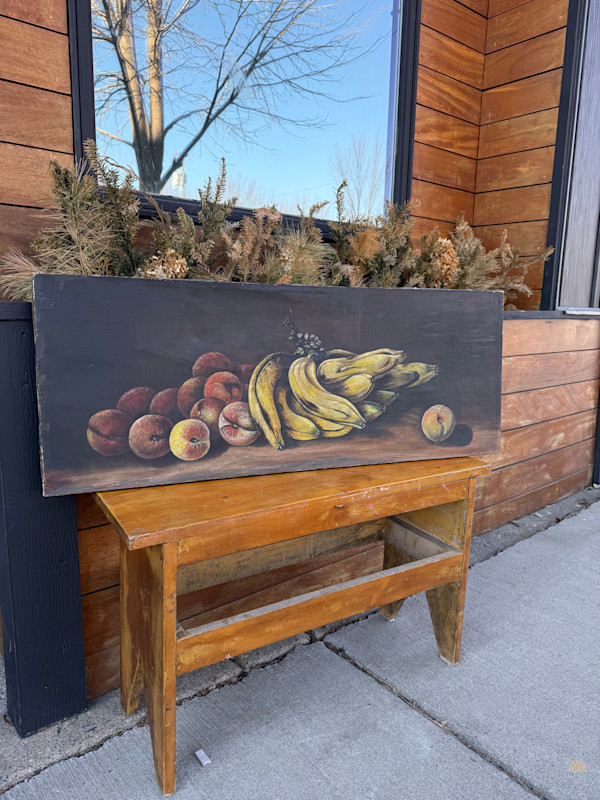 unframed vintage painting of bananas and peaches on canvas, Image 1.