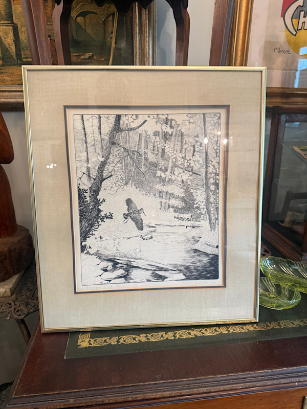 Framed bird flying over creek "Porcupine Creek" by Walter Bohl