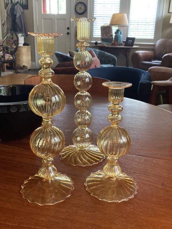 3 matching hand blown art glass vases