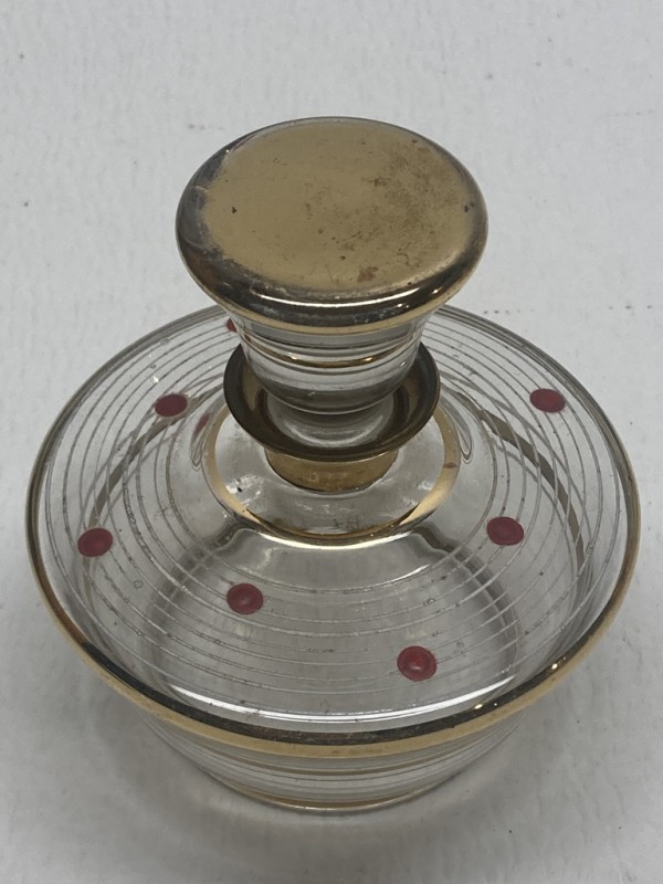 Art Deco hand painted gold with red dots perfume bottle with stopper