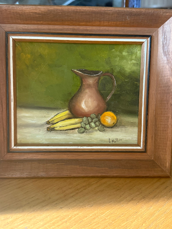 small painting of banana, orange and grape