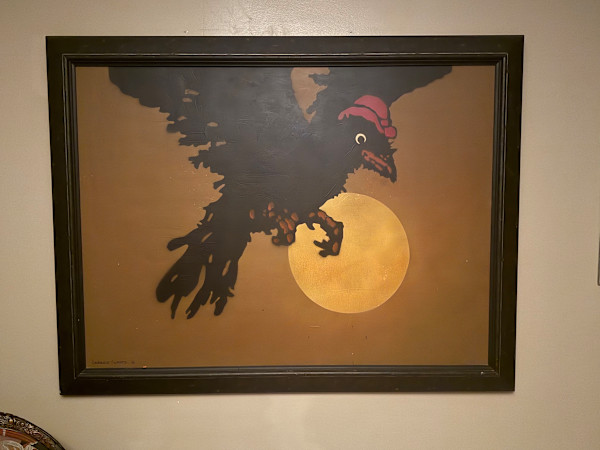 Laurence Schultz original painting of Crow with hat over moon by Laurence Schultz
