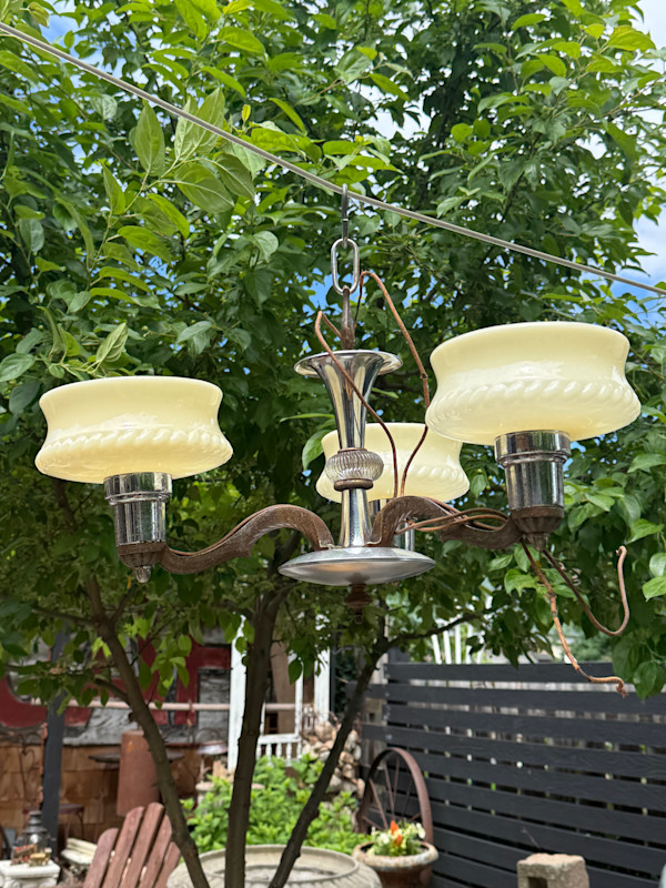 Art Deco custard glass 3 light chandelier