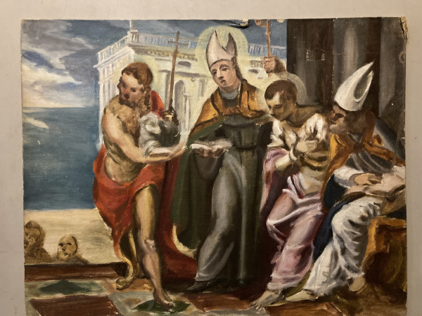 unframed oil painting on board religious scene