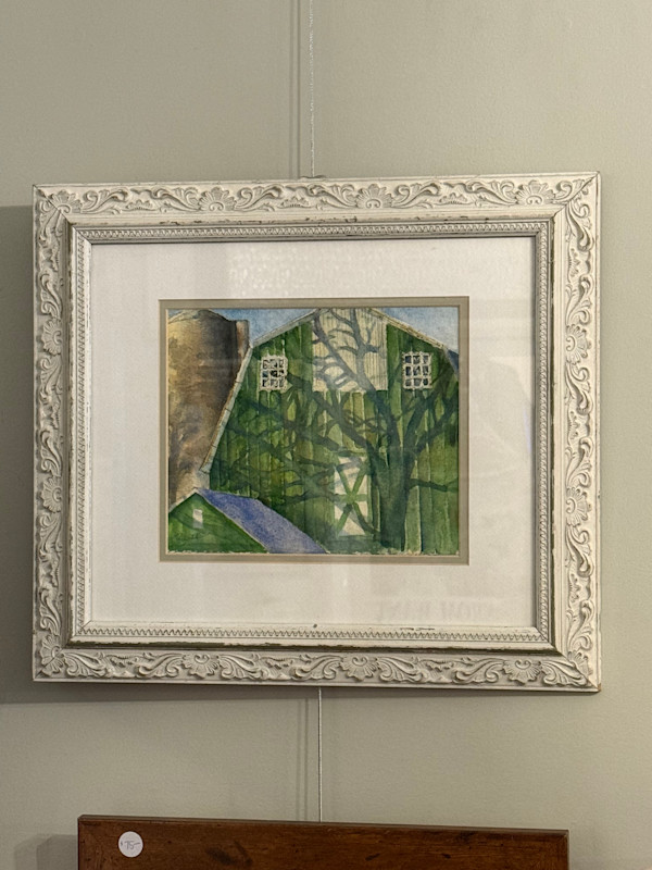 Framed water color of barn with shadows