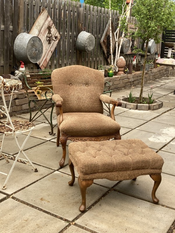 Newly upholstered 1930's arm chair and ottoman