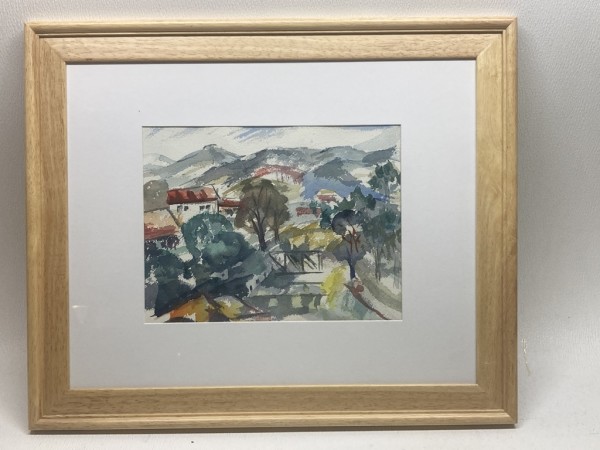 Framed Elizabeth Grant  watercolor landscape bridge