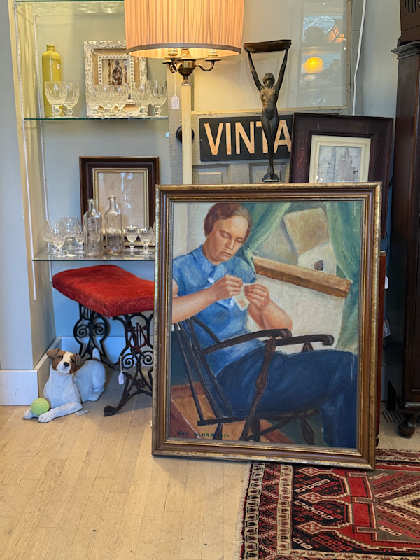 Original painting on canvas of woman sewing in rocker, Image 1.