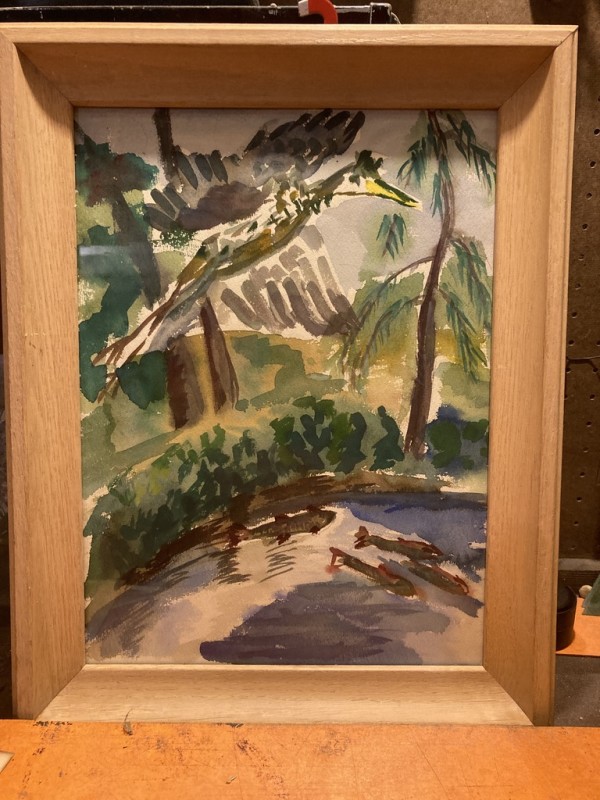 Framed original watercolor of bird and fish by Elizabeth Grant