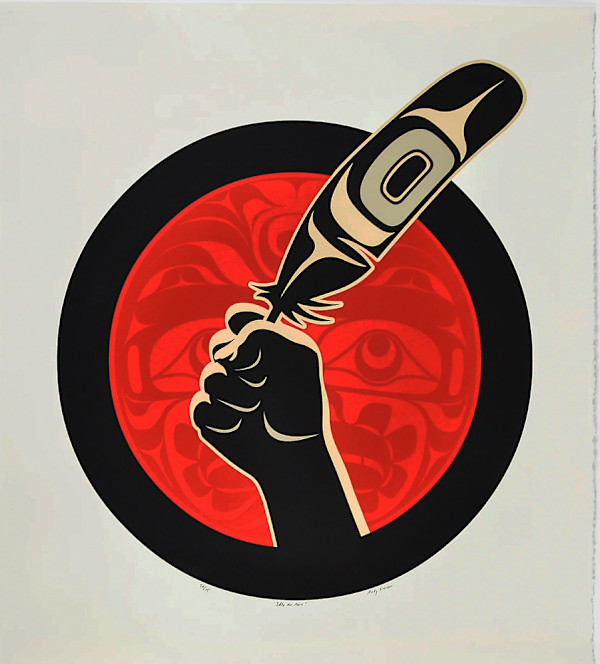 NW graphic serigraph of fist and feather Andy Everson "Idle No More"