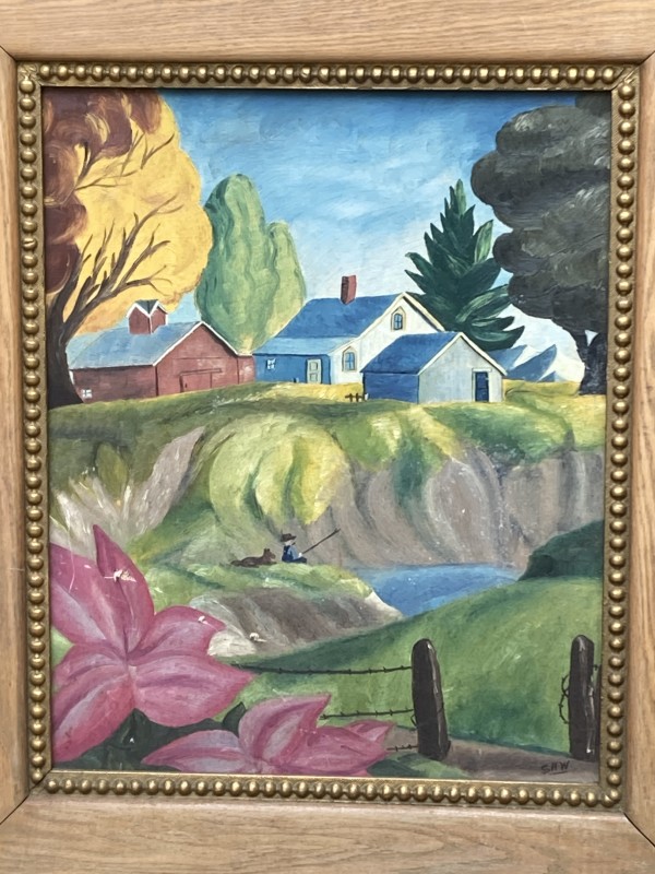Framed original painting on canvas farm scene