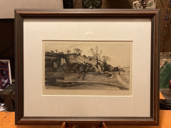 Original framed farm etching with horse