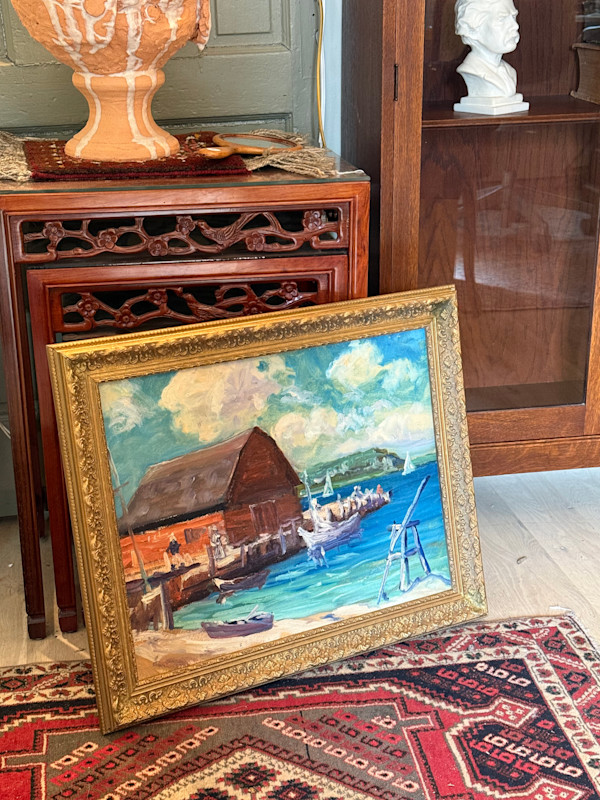 Carl G.T. Olson original painting on board harbor scene with red building and sailboats #11, Image 4.
