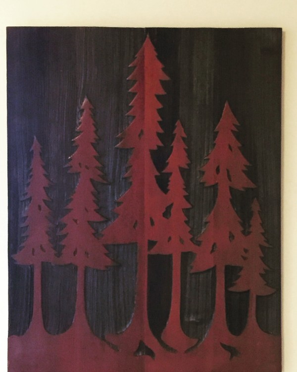 Media blast redwood panel with fir tree decoration
